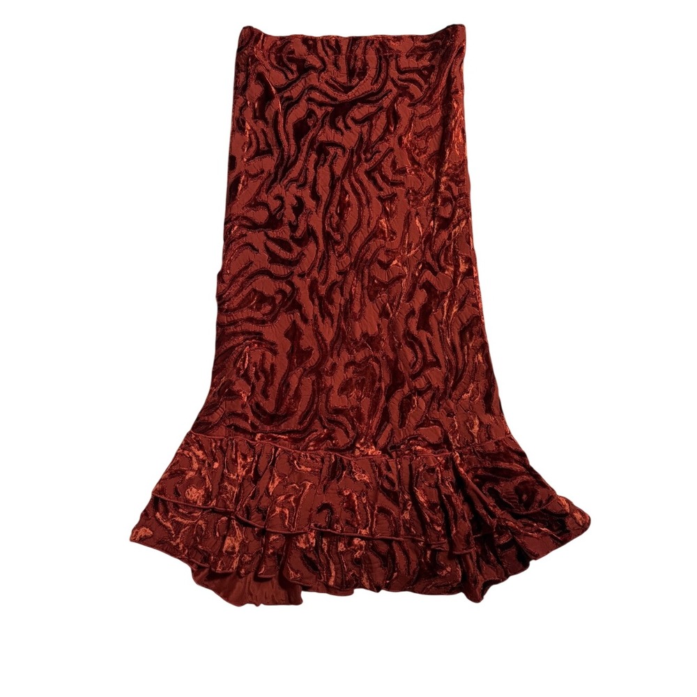 Vintage DKNY Rust Orange Devoré Velvet Ruffle Hem Midi Skirt M 90s Minimalist
